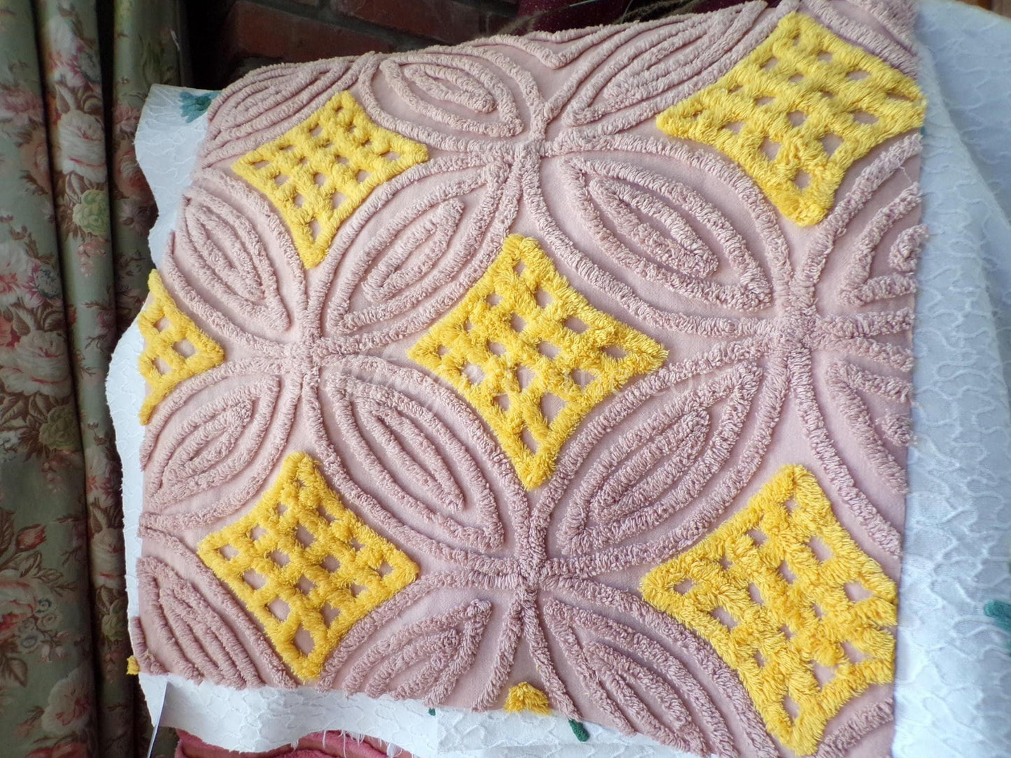 mocha sunrise vintage chenille fabric, diamond waffle tuft wedding ring design, 22" x 26" piece of quilt material for sewing & crafts