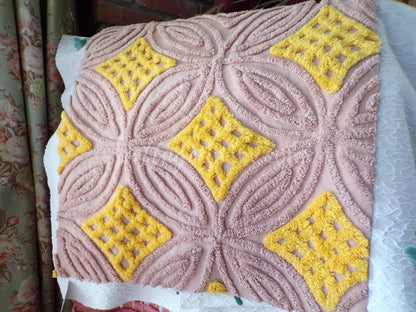 mocha sunrise vintage chenille fabric, diamond waffle tuft wedding ring design, 22" x 26" piece of quilt material for sewing & crafts