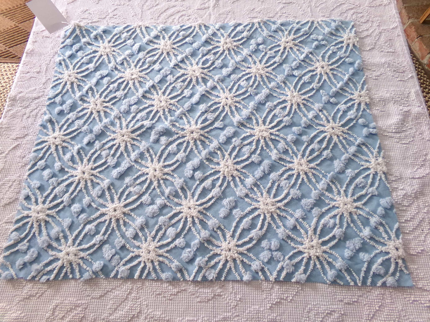 mystic coast blue vintage chenille fabric, 20" x 25" piece quilt & sewing material, white wedding rings with overtufted pops
