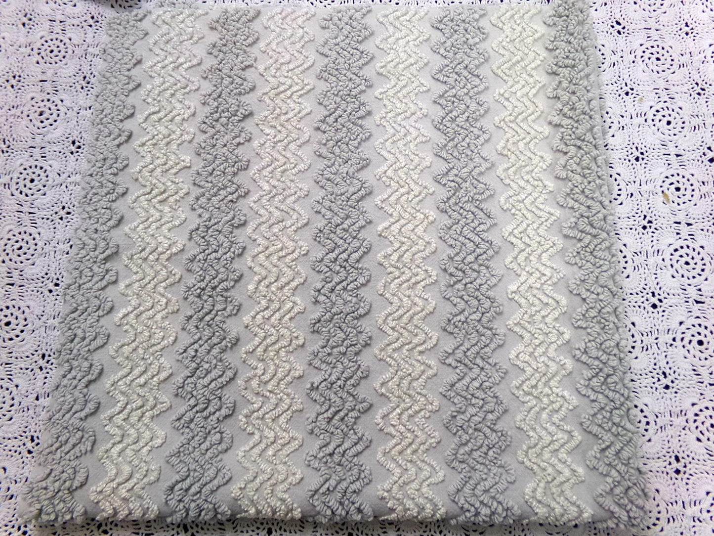 Vintage Chenille Fabric, Grey White Zig Zag Texture 23x23" Quilt Material