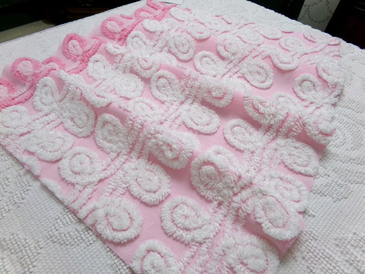 Playful Pink Vintage Chenille Bedspread Fabric White Curlicues 15" x 26"
