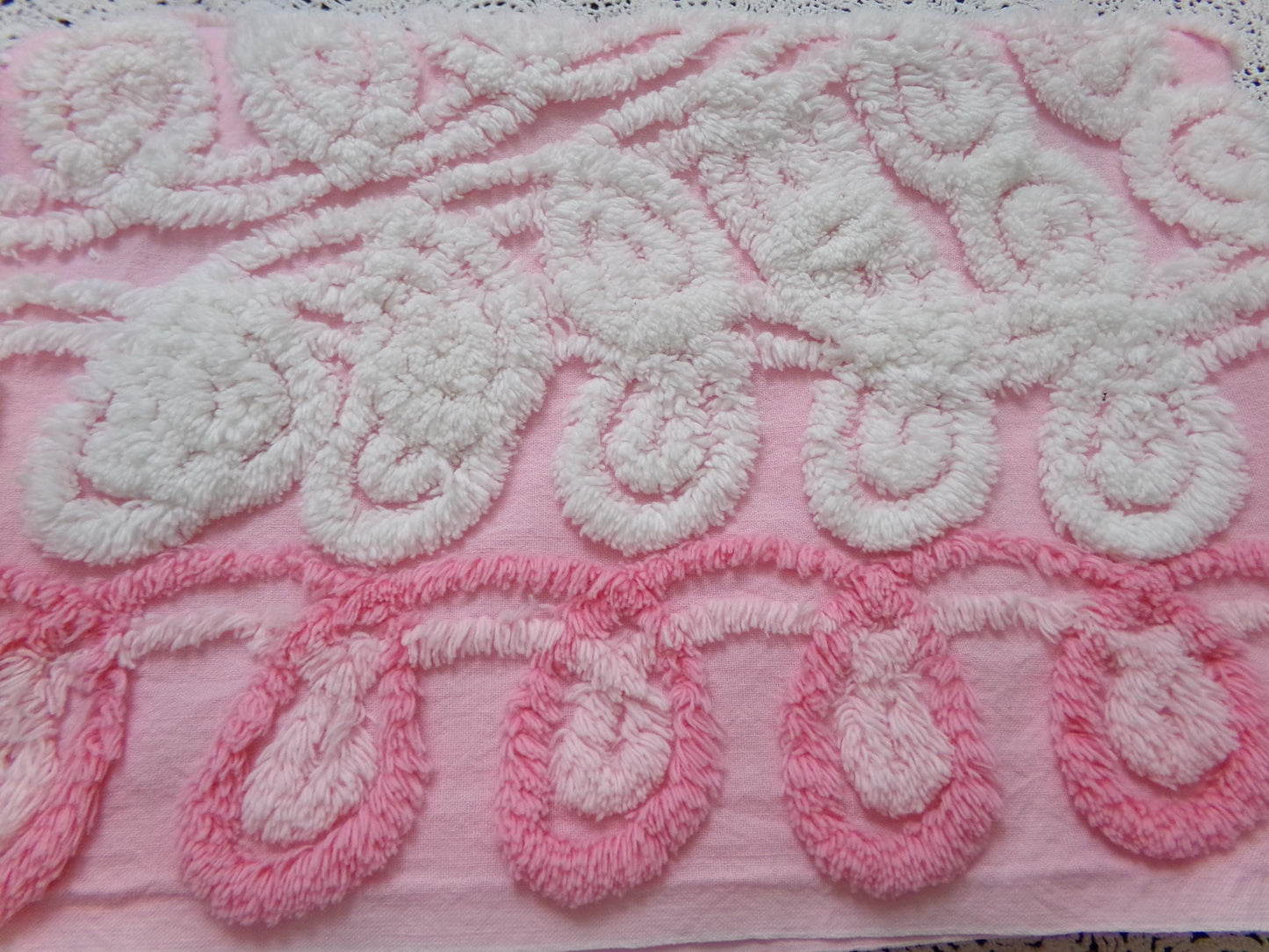 Cute Curlicues Vintage Chenille Fabric, Pink & White 16" x 23" piece
