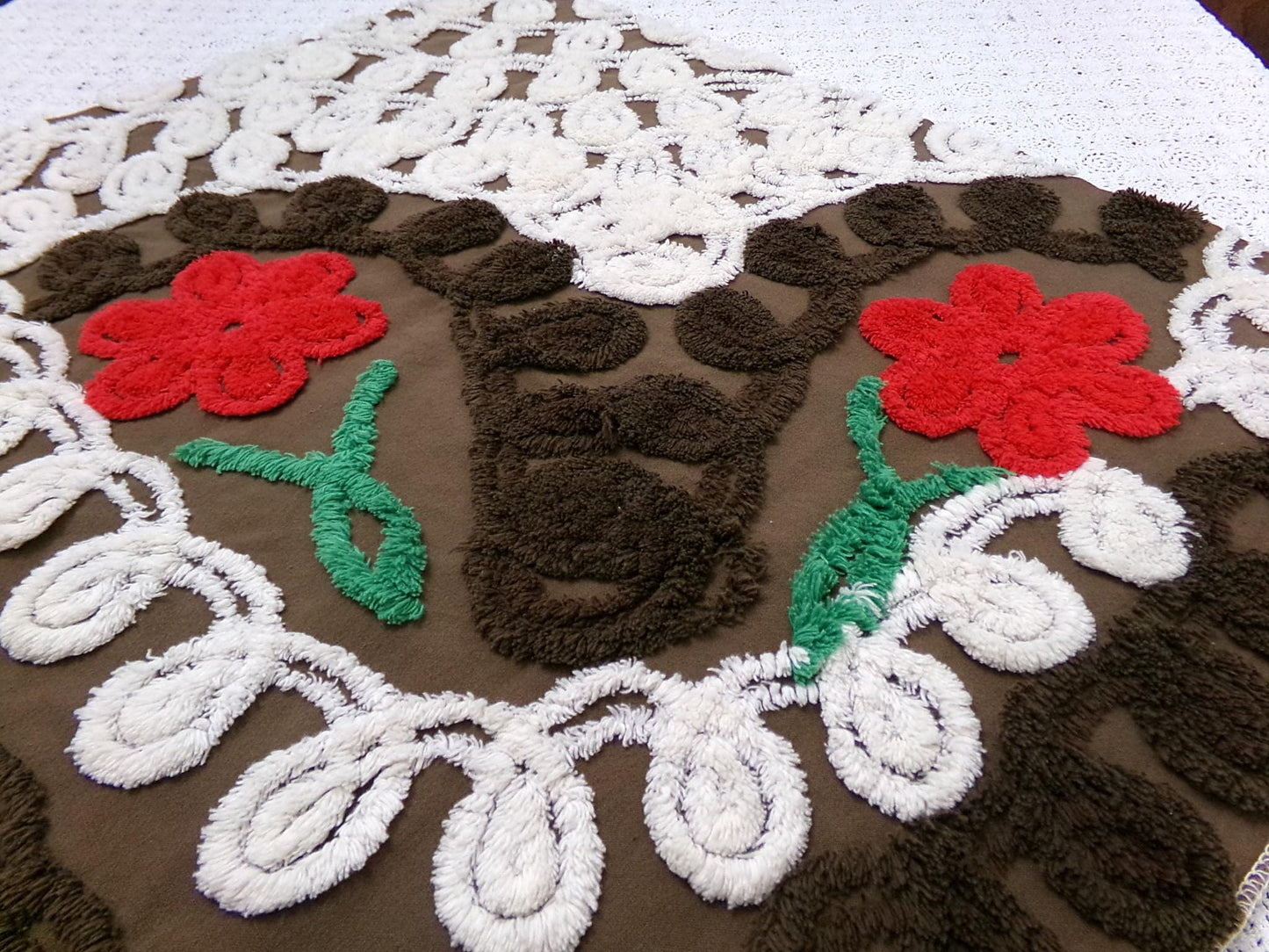 Rich Chocolate Vintage Chenille Bedspread Fabric Cherry Red Flowers 20x24"