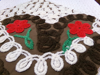 Rich Chocolate Vintage Chenille Bedspread Fabric Cherry Red Flowers 20x24"