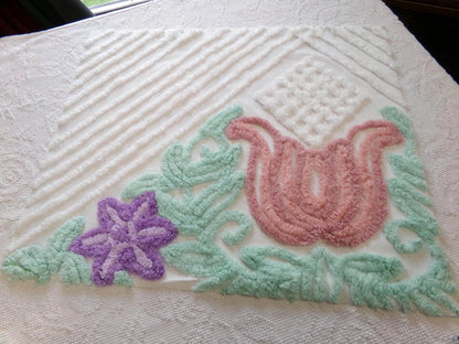 Pink Tulip Vintage Chenille Fabric, Cottage Style 23x20" Craft Textile
