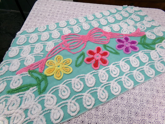 Special Jade Floral Swag Vintage Chenille Bedspread Fabric 18" x 34" Piece