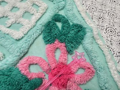 Seafoam Green Vintage Chenille Fabric, Plush Tropical Flowers 13x34" Piece