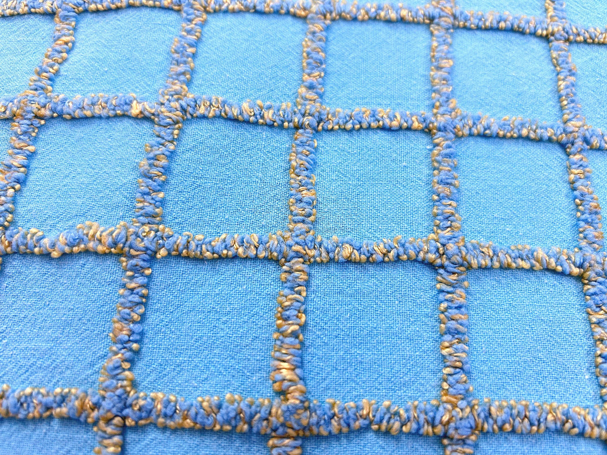 Sporty Squares Vintage Chenille Bedspread Fabric, Aqua Gold Windowpane Grid 19x23"