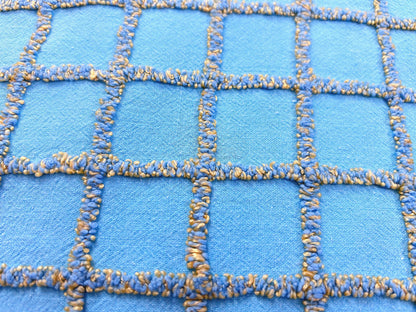 Sporty Squares Vintage Chenille Bedspread Fabric, Aqua Gold Windowpane Grid 19x23"