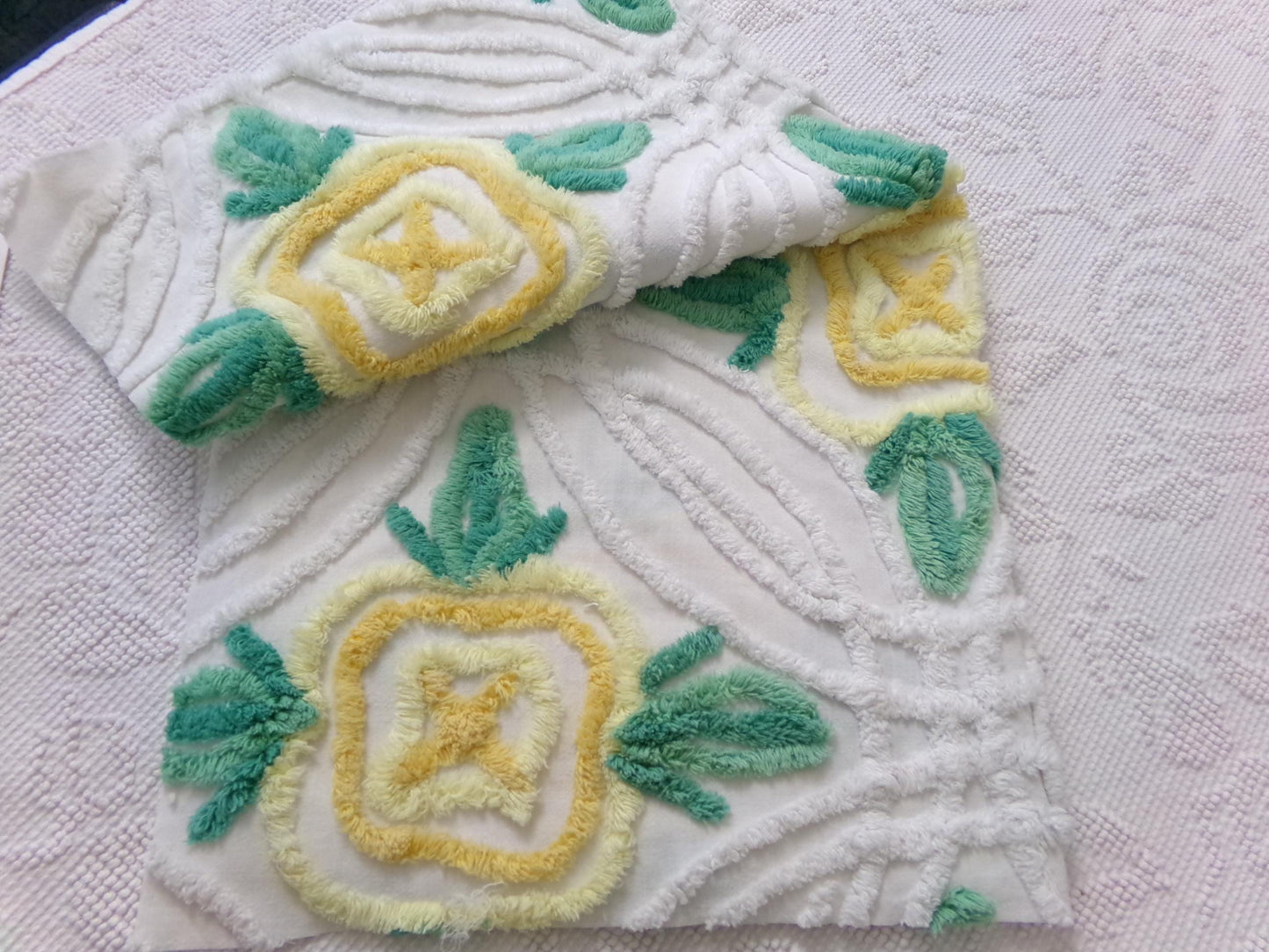 yellow cabbage rose vintage chenille bedspread fabric, cottage charm quilt material, 23" x 25" piece