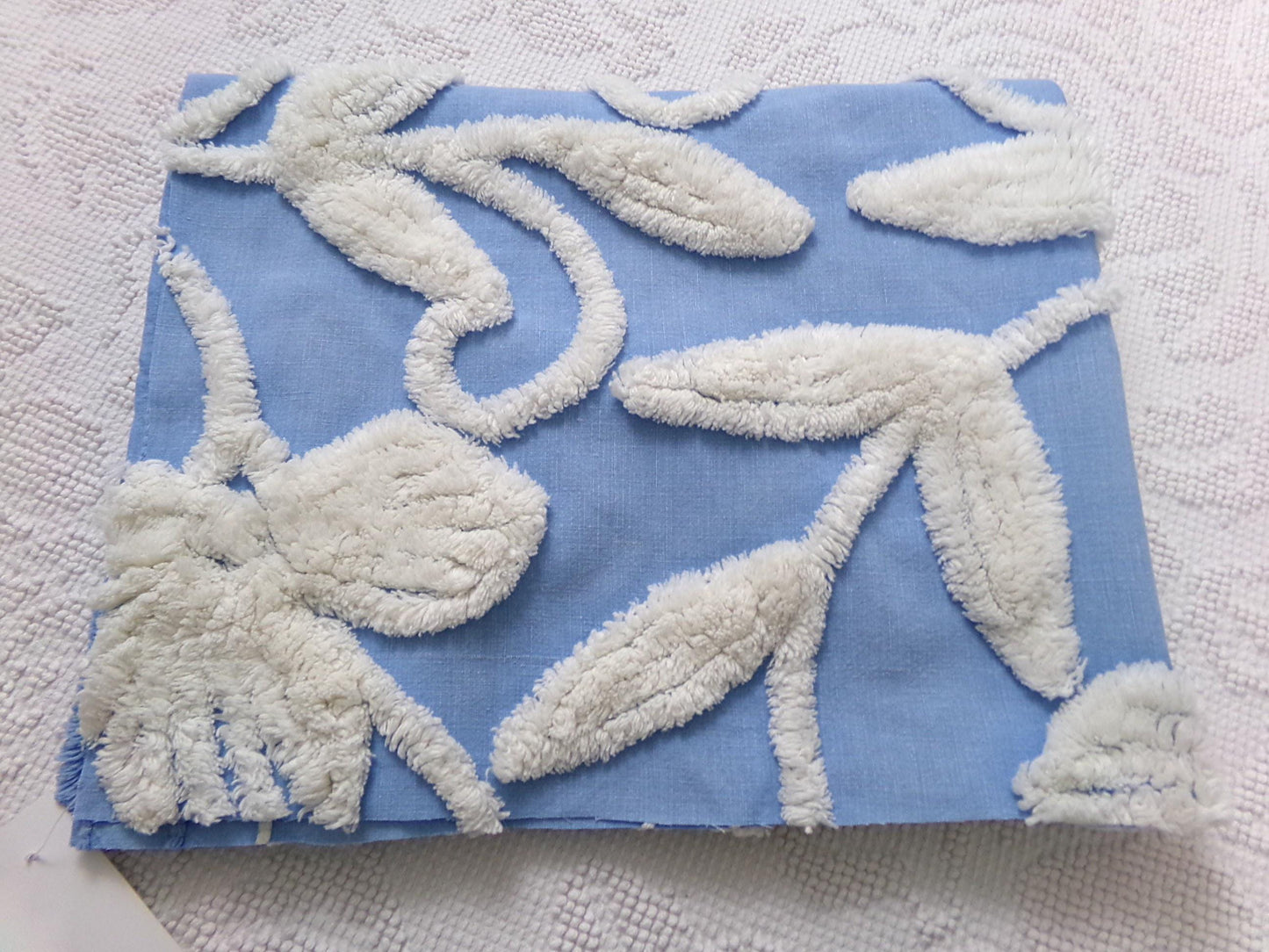 Vintage Chenille Fabric Piece, White Botanical Floral on Sky Blue, 21" x 24" Sewing Material