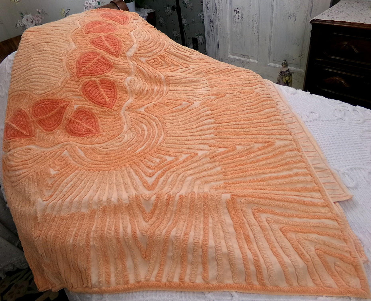 Boho Falling Leaves Vintage Chenille Bedspread, Apricot Peach Twin Size