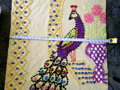 Antique Peacock Vintage Chenille Fabric Panel 44 x 28" Boho