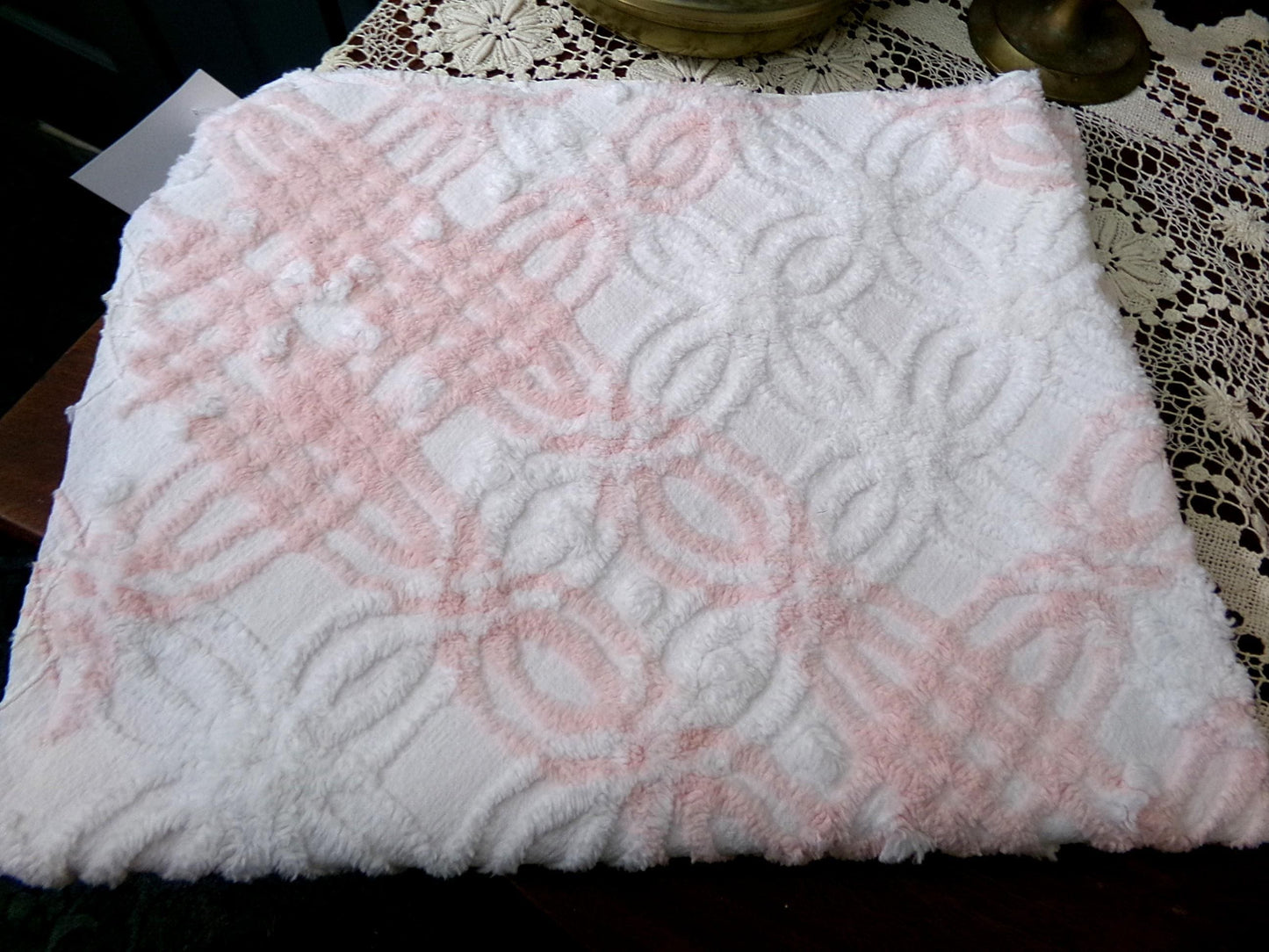 Pink & White Vintage Chenille Fabric, geometric craft quilt material, 27" x 19"