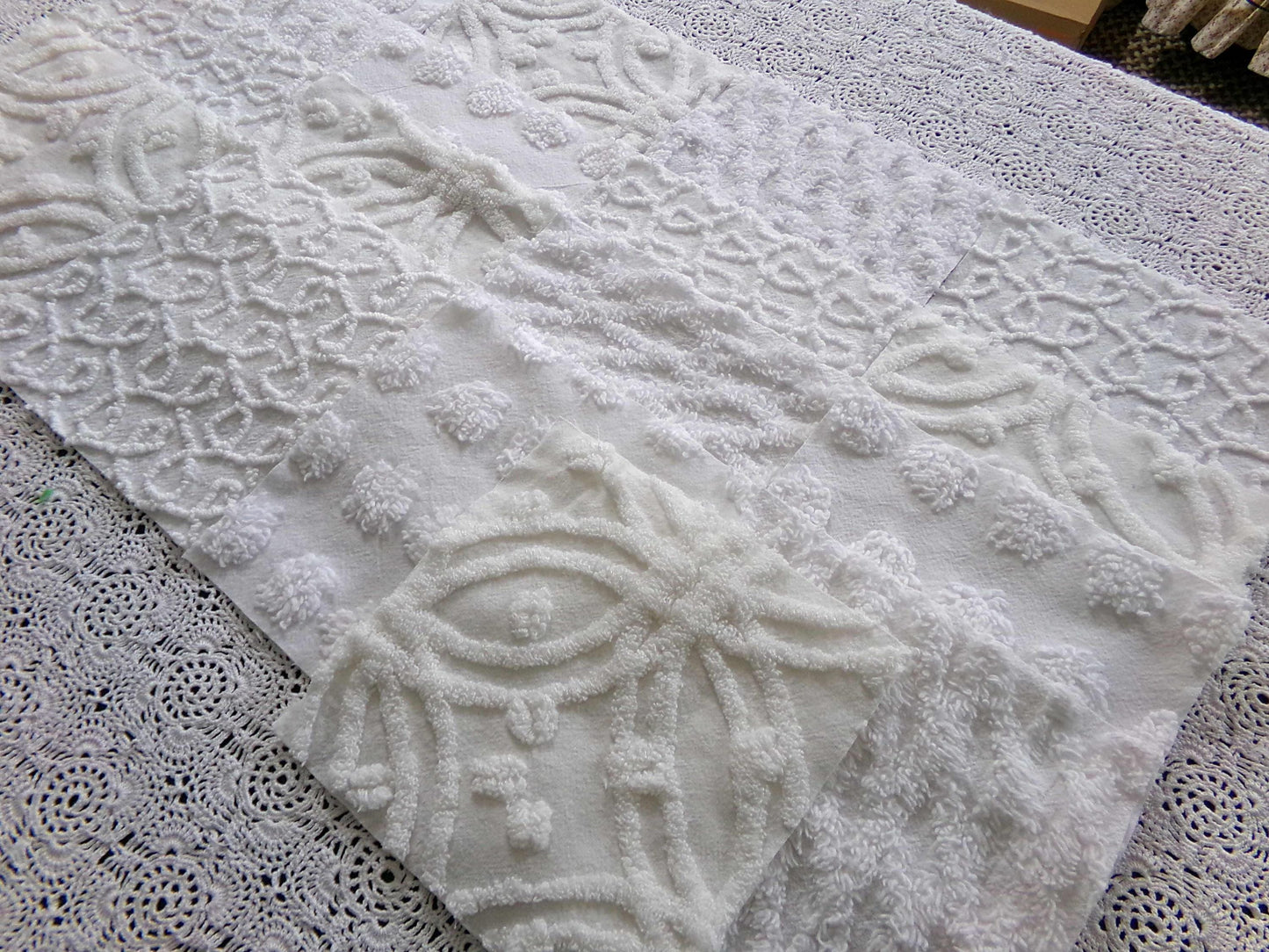 Weathered Whites Vintage Chenille Fabric Squares, 17 Blocks, 6" x 6" inch, Neutral Shades of Classic White