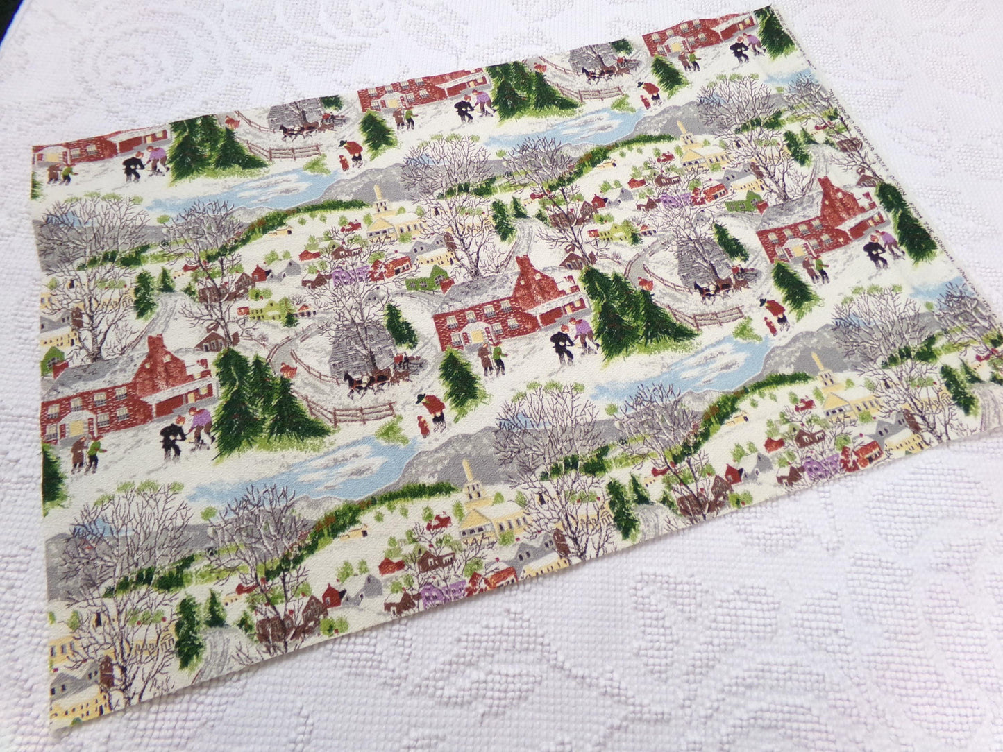 Grandma Moses DEEP SNOW Vintage Barkcloth Fabric, Midcentury Folk Art Winter Scene, 13" x 21"