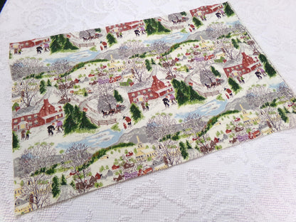 Grandma Moses DEEP SNOW Vintage Barkcloth Fabric, Midcentury Folk Art Winter Scene, 13" x 21"