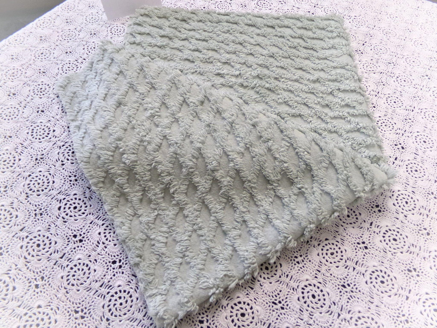 Calming Sage Vintage Chenille Bedspread Fabric Green Diamond Lattice 20x24"