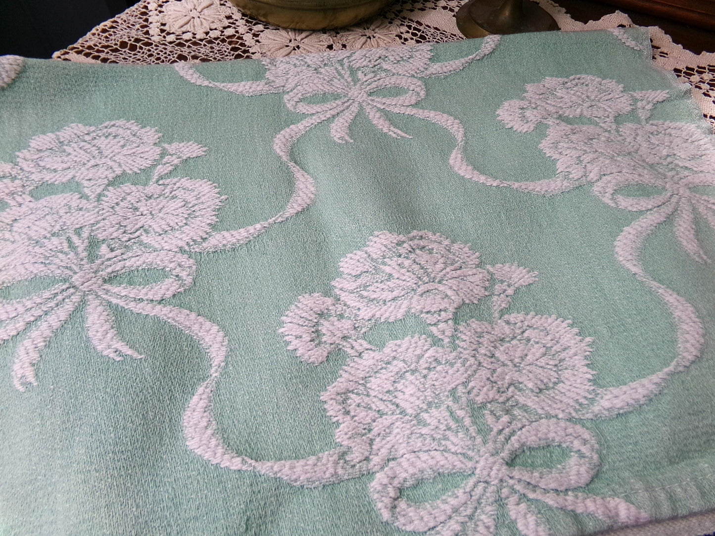 Shabby Woven Vintage Fabric Piece | Creamy White Carnation Flowers on Mint Green, 20" x 24"
