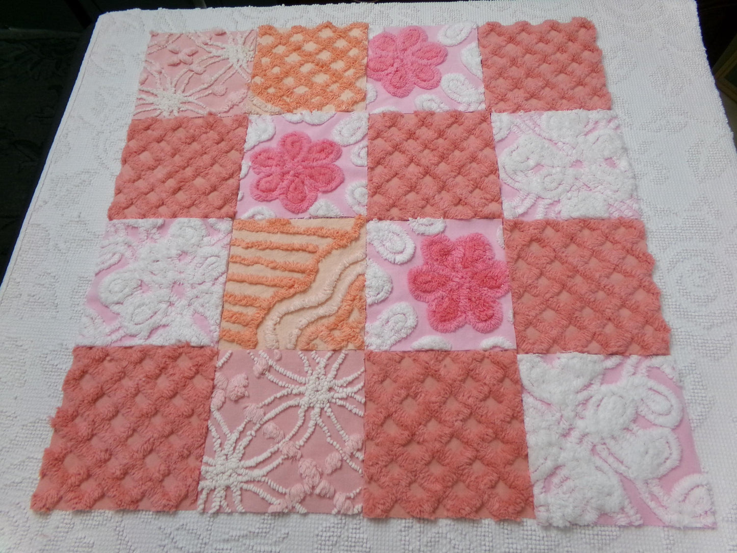Strawberry Peach Vintage Chenille Fabric Squares Set, 16 Quilt Blocks, 6" x 6" inches each, for Quilting, Sewing, DIY Pillows