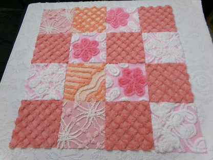 Strawberry Peach Vintage Chenille Fabric Squares Set, 16 Quilt Blocks, 6" x 6" inches each, for Quilting, Sewing, DIY Pillows