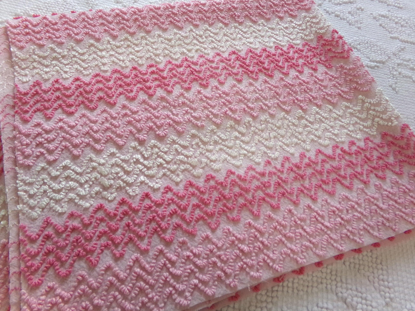 Pink Vintage Chenille Bedspread Fabric, Zig Zag Texture, 15" x 23" piece