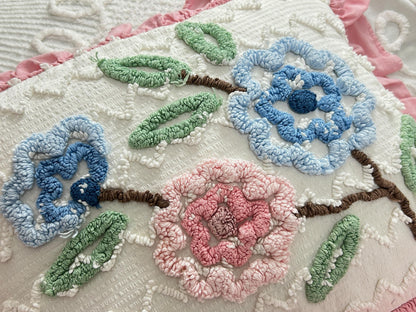 Cottage Ruffled Vintage Chenille Pillow Cover Reversible Floral Rectangle Shape