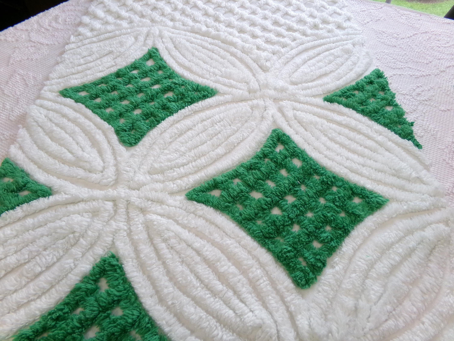 plush vintage chenille fabric: preppy kelly green & white wedding rings, 18" x 24" piece