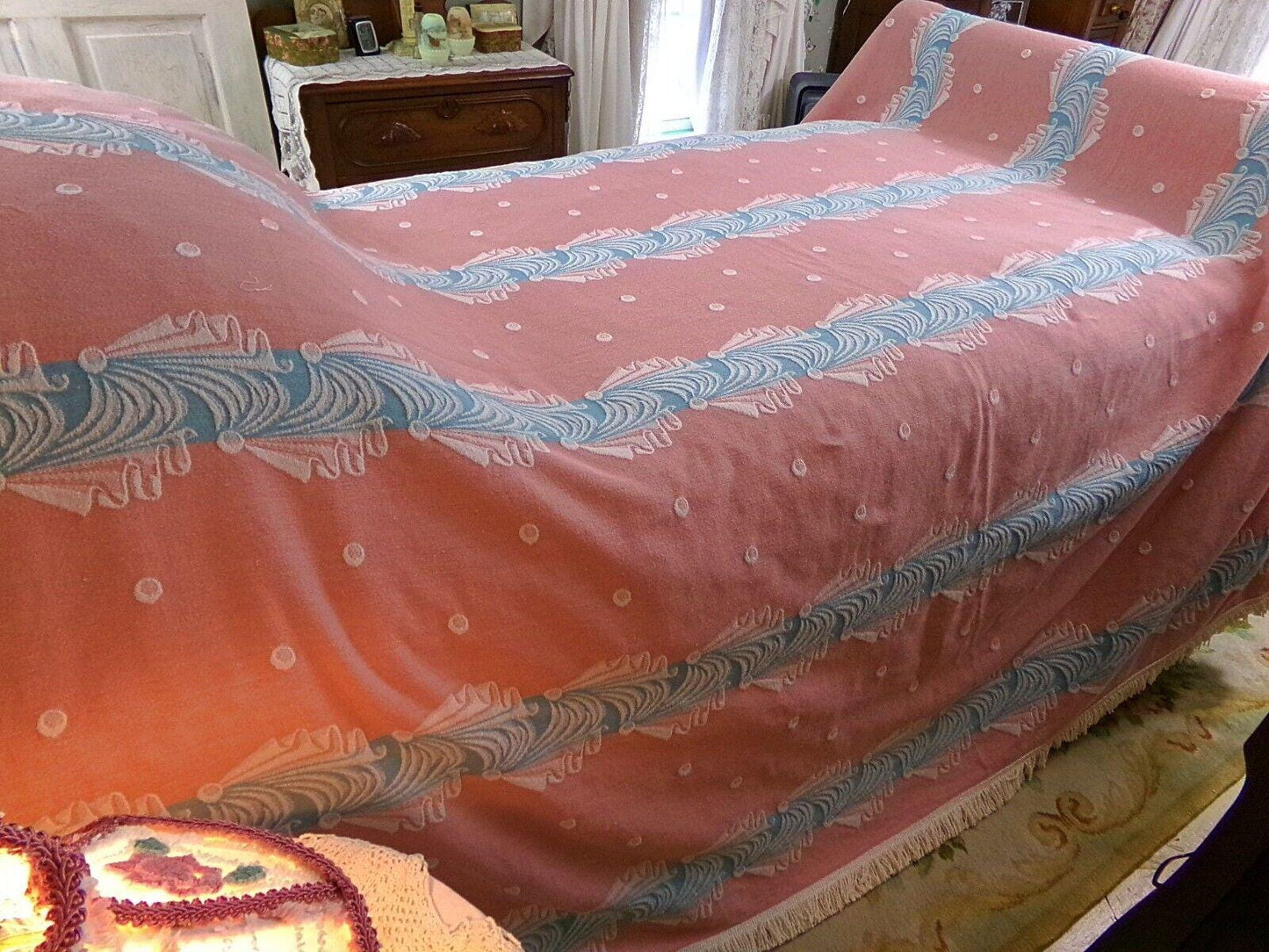old hollywood regency style vintage woven bedspread, pink fieldcrest twin coverlet