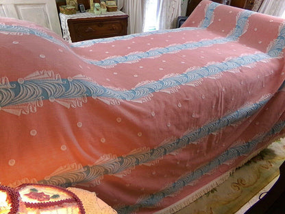 old hollywood regency style vintage woven bedspread, pink fieldcrest twin coverlet