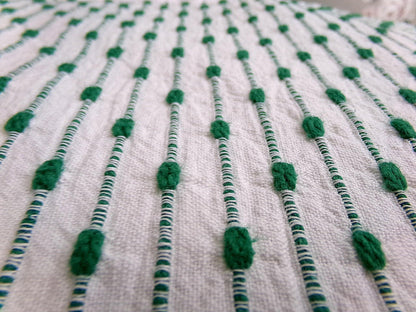preppy kelly green textured fabric piece, vintage chenille raindrop dots on white woven cotton, great in quilts, xmas stockings, 20" x 25"