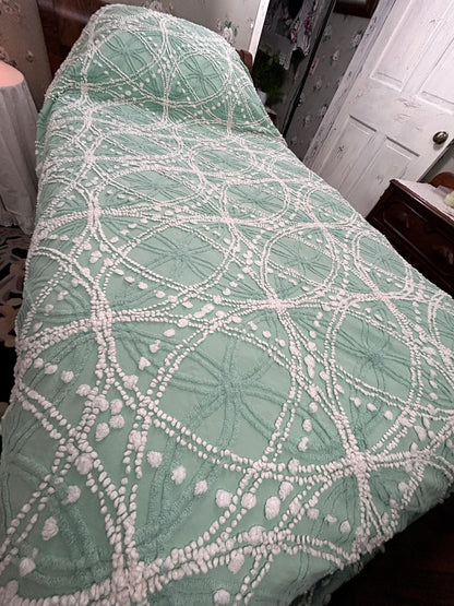 Vintage Chenille Bedspread Shabby Twin Jade Green White Spiderweb Starburst