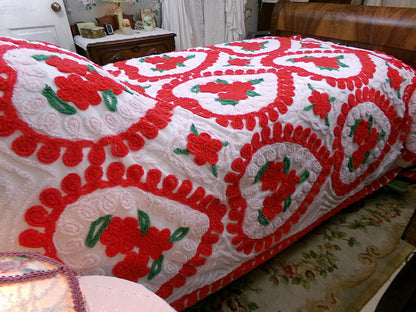 Vintage Chenille Bedspread - Red & White Hearts - Romantic Shabby Chic Cottage Decor - Full Size Bedding
