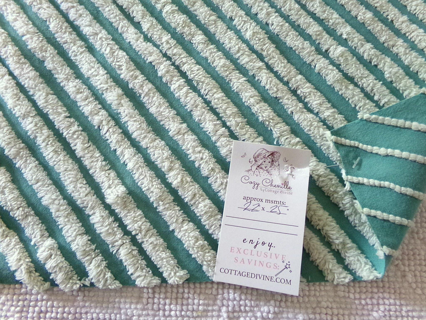 eyecatching plush stripes vintage chenille fabric, tonal green diagonal striped lines, 22" x 25" inch piece of sewing quilt material