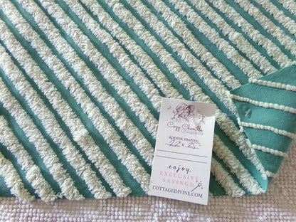 eyecatching plush stripes vintage chenille fabric, tonal green diagonal striped lines, 22" x 25" inch piece of sewing quilt material