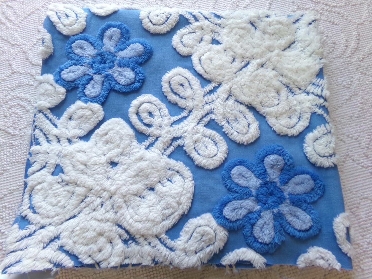 blueberry blossoms vintage chenille fabric, thickly tufted white curlicues & blue rose florals, 27" x 24" cut piece of sewing craft material