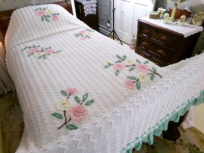 romantic shabby chic vintage chenille bedspread, lightweight 100% cotton summer coverlet with green ruffle trim, twin size bedding