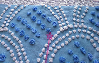 mermaid tails vintage chenille fabric, 25" x 24" inch piece in beautiful blue & white scallop pops design