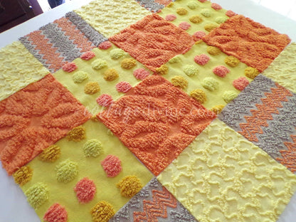 retro hippie daze chenille fabric squares, set of 16 vintage 6" x 6" inch quilt blocks for crafts, sewing, fiber arts