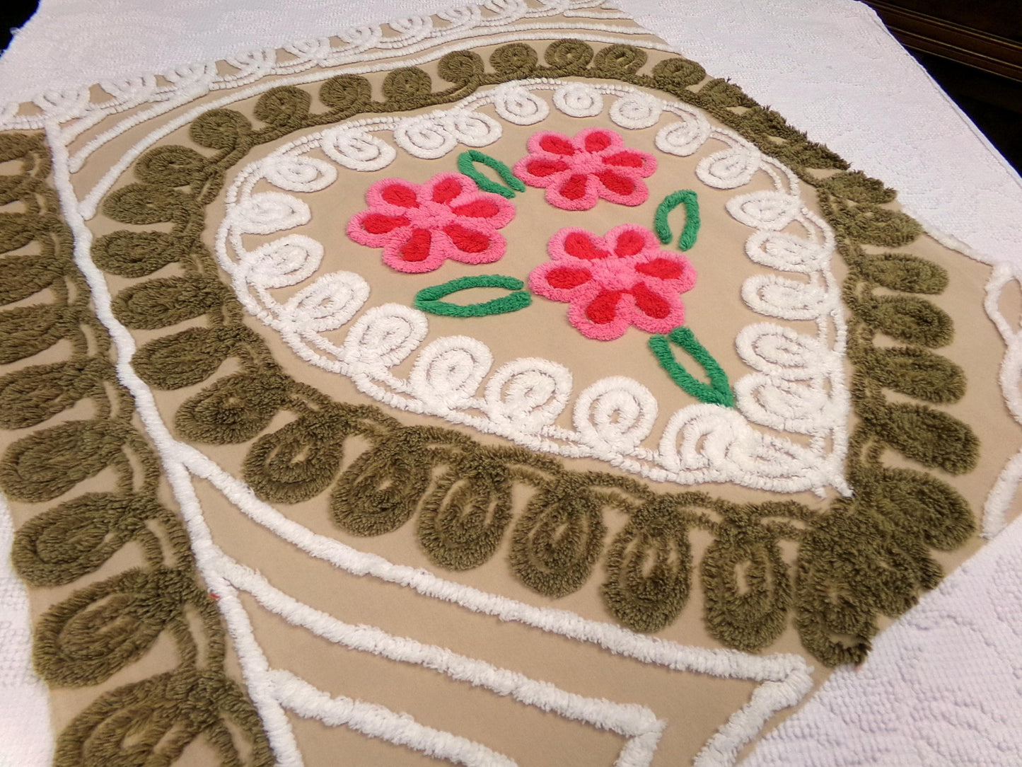 Vintage Chenille Bedspread Fabric Piece, Mocha Chocolate Cherry Floral, 24" x 23"