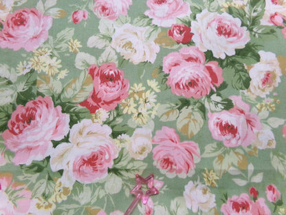 Vintage Cotton Quilt Fabric English Rose Floral Pink Green Shabby Chic Cottage 30" x 36"