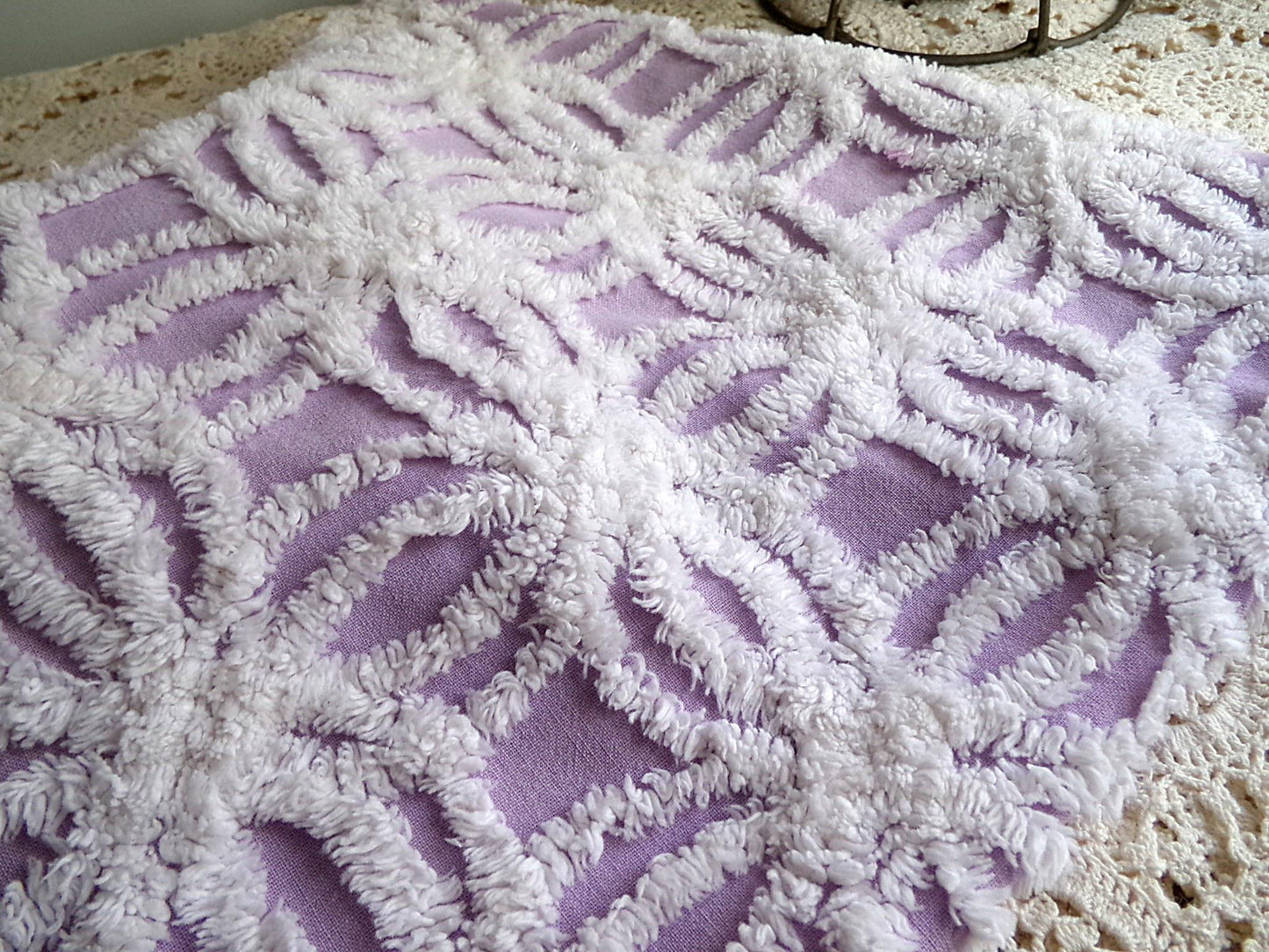 Vintage Lilac Chenille Fabric, White Spider Tufted Pattern, 18" x 24" Piece