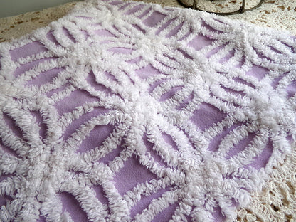 Vintage Lilac Chenille Fabric, White Spider Tufted Pattern, 18" x 24" Piece
