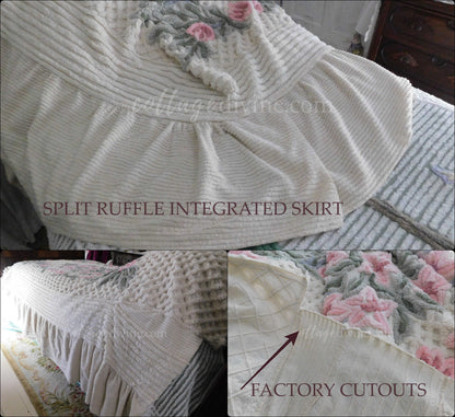 vintage chenille bedspread in a lush garden of pink lilies, buttercream twin size bedding, fitted design with ruffle skirt