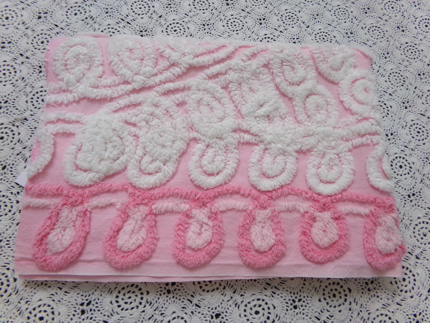 Cute Curlicues Vintage Chenille Fabric, Pink & White 16" x 23" piece