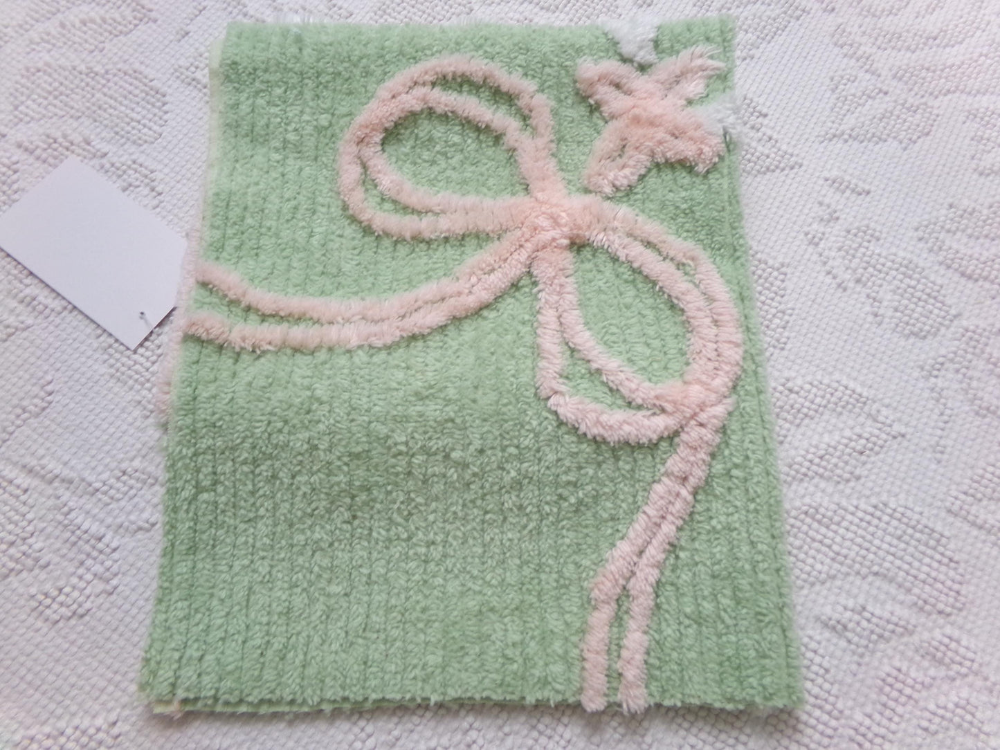 Soothing Mint Green Vintage Chenille Fabric Pink Lily Bow, 17" x 18"