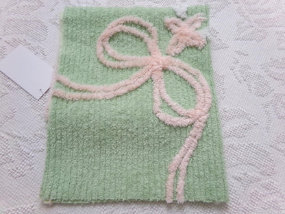 Soothing Mint Green Vintage Chenille Fabric Pink Lily Bow, 17" x 18"