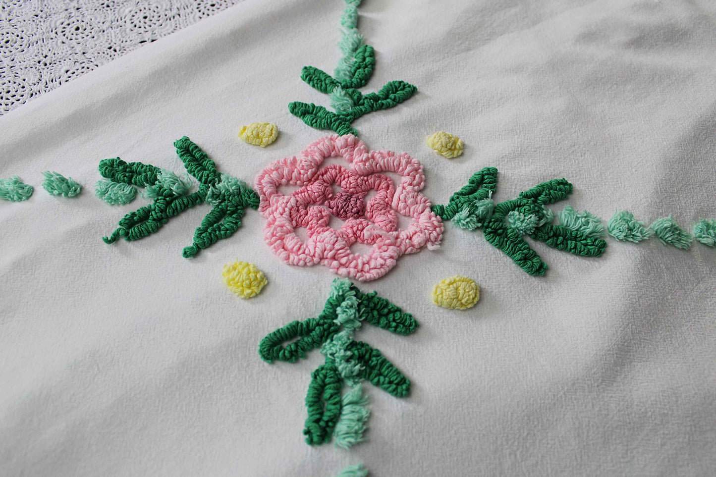 simple floral vintage chenille fabric, 32" x 23" cut piece, jadeite & white pops with pink rose flower, lightweight cotton
