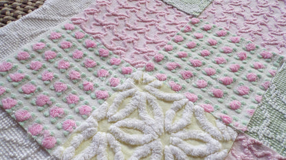 Fresh Flowers Chenille Quilt Squares Set from Vintage Bedspread Fabric, 17 Blocks, 6" x 6" inch
