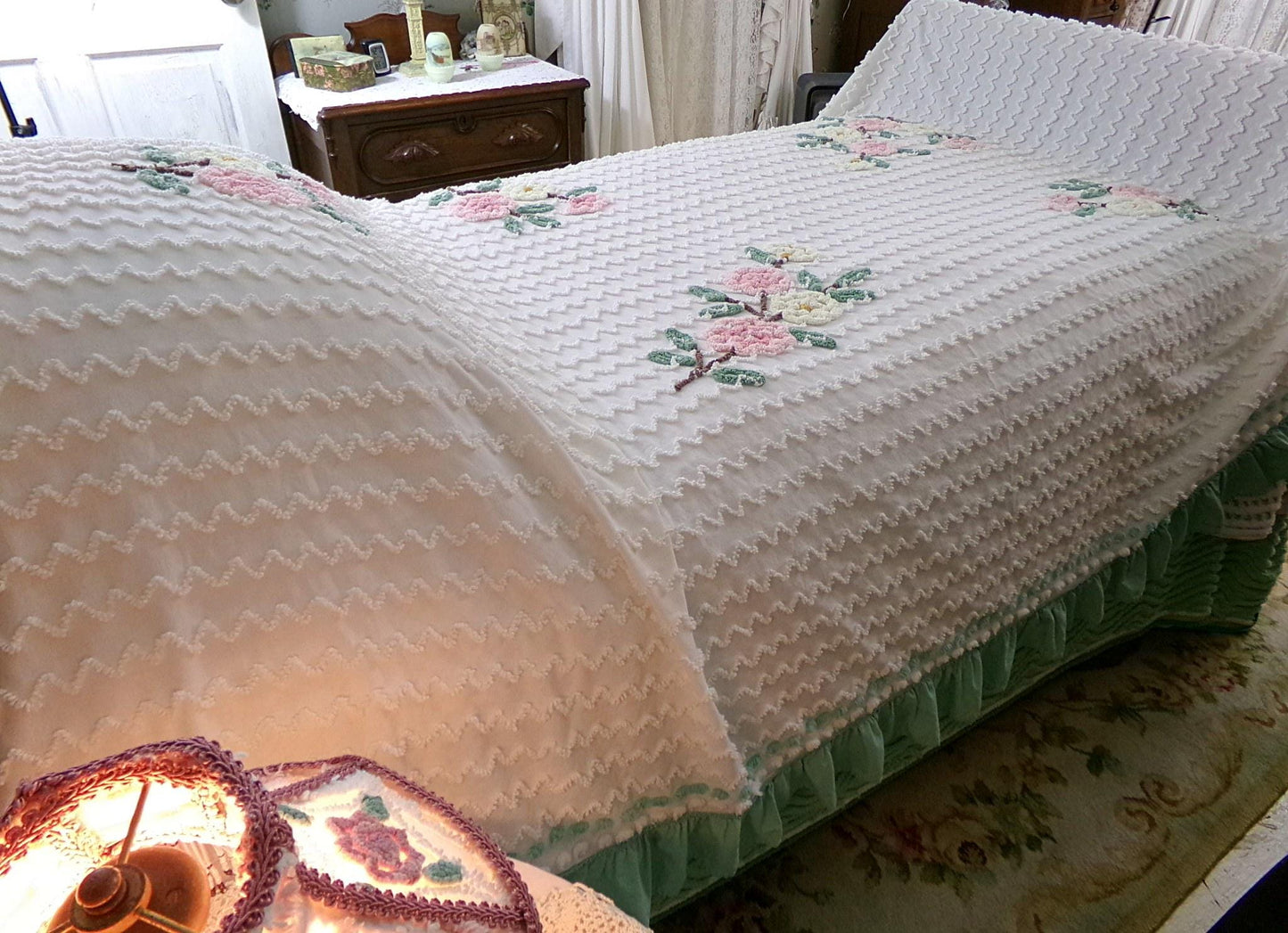 romantic shabby chic vintage chenille bedspread, lightweight 100% cotton summer coverlet with green ruffle trim, twin size bedding